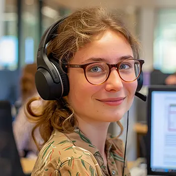 Bild einer jungen Frau mit Headset im Büro