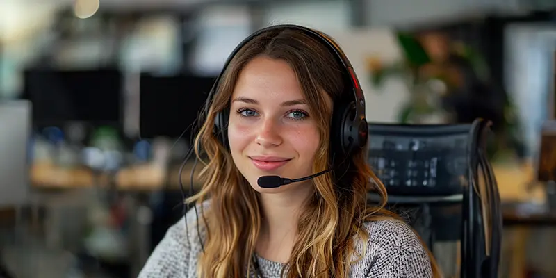 Eine junge Frau mit Headset sitzt am Computer